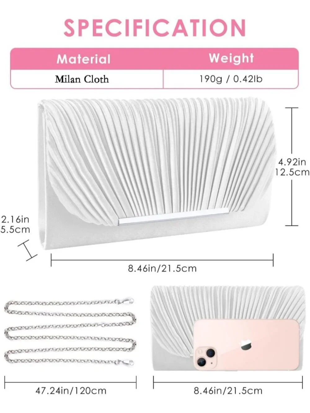 Women's White Clutch Purse Evening Envelope Wedding Crossbody Shoulder Bag